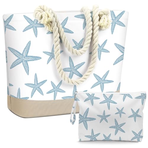 BELLOWDEER Beach Bags for Women, Wet Bag Cosmetic Bag, Pool Waterproof Shoulder Tote Bags, Pocket Zipper Summer Travel Essentials, Gifts for Women Birthday - Blue Starfish (2-Piece Set)