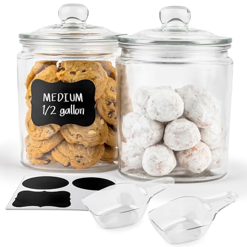 KooK Glass Storage Containers with Lids, 1/2 Gallon, Set of 2, Glass Kitchen Jars, Food & Cookie Storage Containers for Pantry, Bathroom Apothecary Canisters, Dishwasher Safe, Chalk, Label, Scoops
