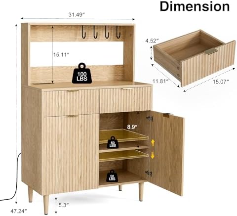 LCRBOL Coffee Bar Cabinet with Storage, Modern Sideboard with Drawers, Shelves, Outlet and Fluted-Door for Kitchen, Dinning Room, Living Room, Natural