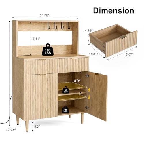 LCRBOL Coffee Bar Cabinet with Storage, Modern Sideboard with Drawers, Shelves, Outlet and Fluted-Door for Kitchen, Dinning Room, Living Room, Natural