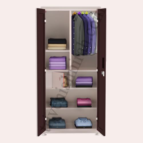 Triveni almirah GOMTI-3 DARPAN | 10-Year Guarantee on Paint & Lock | 2-Door Wardrobe with Mirror,Locker & Center Partition Shelf | 5 Hangers, 3 Shelves, Key Bag & Border Box | Powder Coated Finish - Image 4