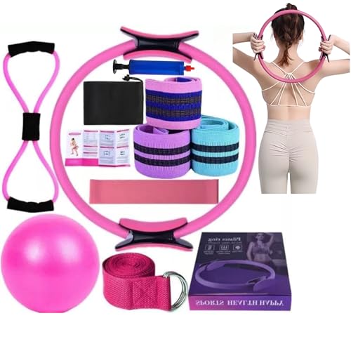 Pilates Essentials Kit for Women, Yoga Sets at Home for Women, Pilates Rings Booty Bands, Hip Exercise Band Yoga Ball 25cm Figure 8 Resistance Band for Stretching