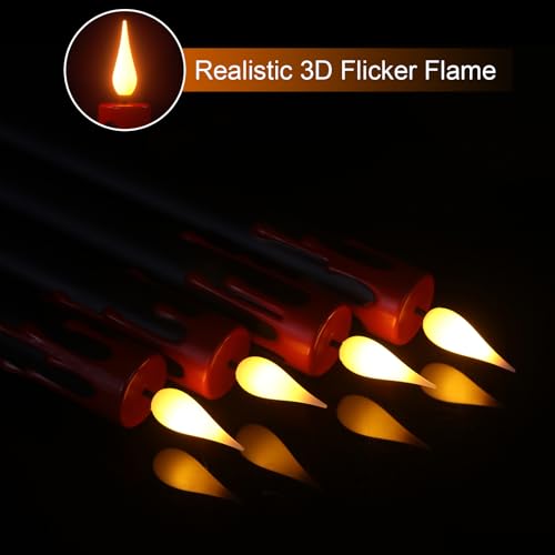 Image of GenSwin Halloween Black Taper Flameless Candles with Ghost Hand Candlesticks and Remote Timer, 2 Pcs Battery Operated Taper Candles with Holder and 3D Flame for Halloween Decor