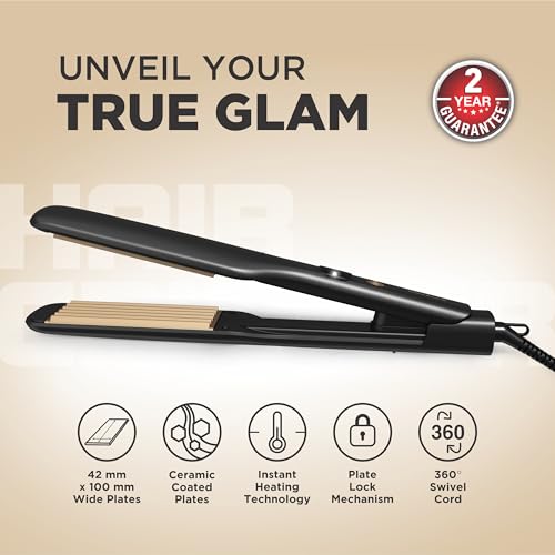 Image of Havells HS4501 Hair Crimper | Ceramic Coated Wide Plates| Fast Heat Up|LED Power Indicator|Easy Plate Lock System|Salon-like Voluminous Styling (Black)