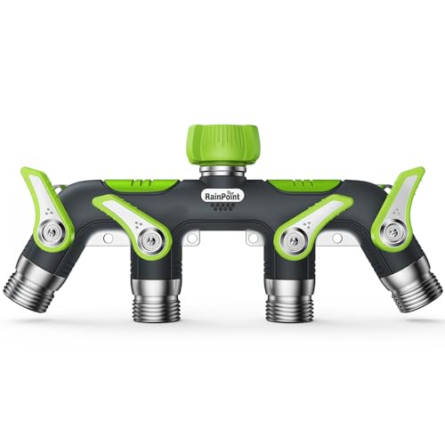 RAINPOINT 4 Way Garden Hose Splitter 100% Metal Heavy Duty Water Hose Splitter with Individual Shut-Off Valves 3/4 GHT High Flow Outdoor Faucet Splitter 1.81 Extra Long Handle (Green)
