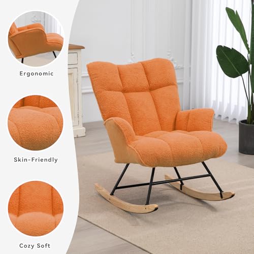 Image of SAETSFEG Rocking Chair Nursery Teddy Upholstered Glider Rocker Rocking Accent Chair Padded Seat with High Backrest Armchair Comfy Side Chair for Living Room Bedroom Offices (Orange Teddy)