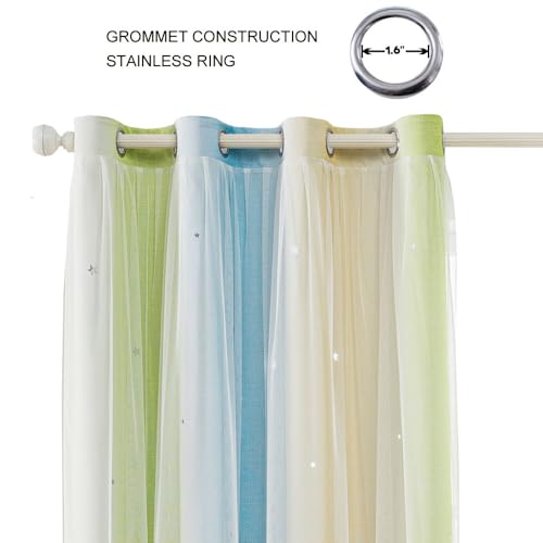 FANLI Ombre Rainbow Blackout Curtains for Kid Girls Bedroom Living Room Darking Stripe Double Layer Star Cut Out Wall Home Decor Gradient Grommet Window Curtains （Blue Green 52Wx63L）