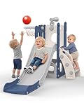 hoopyosms Tobogán Infantil con Aro de Baloncesto, Parque de Juegos Interior y Exterior para Bebés y Preescolares(Azul)