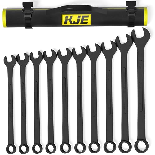 KJE 10-Piece SAE Black-Oxide Jumbo Combination Wrench Set Open-End large Wrench big Wrench Set SAE Sizes 1-5/16 - 2 for Large Vehicles