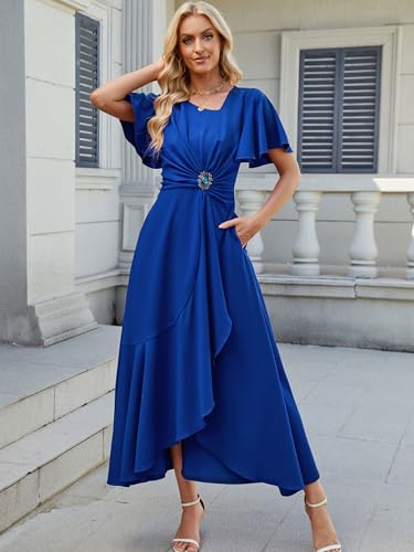 Image of QMZ Wedding Guest Dresses for Women V Neck Cocktail Dress Ruffle Sleeve A Line Evening Party Formal Dresses for Women