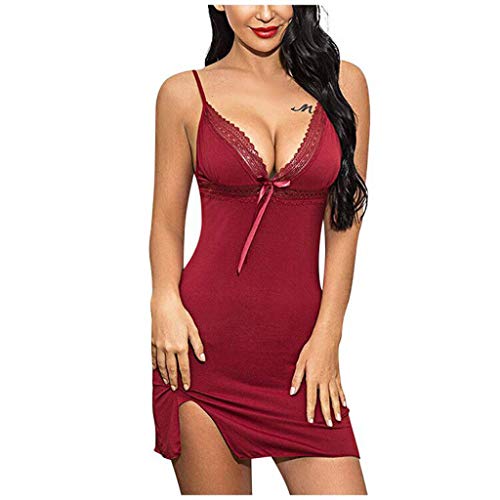 Chemises de Nuit Femme Nuisette Femme Sexy Femme Coton Bretelle Chemise de Nuit Lingerie Dentelle Robe de Nuit,Rouge, Noir Cover