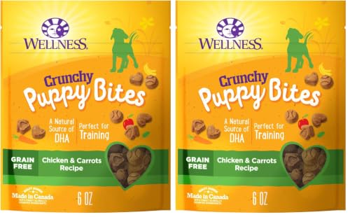 Image of Wellness Crunchy Puppy Bites Dog Training Treats, Natural, Grain Free, Chicken and Carrot Recipe, 6 oz Bag (Pack of 2)