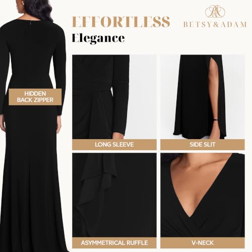 Image of Betsy & Adam Womens Betsy & Adam Women's V-Neck Long Sleeve, Floor-Length Gown with Side Ruffle Detail and Slit