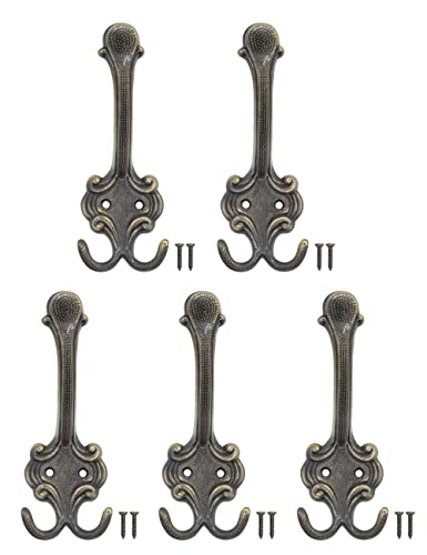 Fuxxer Classic Coat Hooks, Double Hooks, Hat Hooks, Clothes Hooks, Antique Design, Set of 5, Bronze (Large) - Image 3