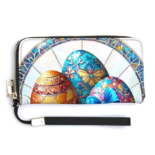 Colorful Easter Eggs with A Blue Ribbon PU Leather Clutch Long Bifold Wallet, Coin Purse Credit Pass Case, Durable Card-Holder Money Storage for Women Men