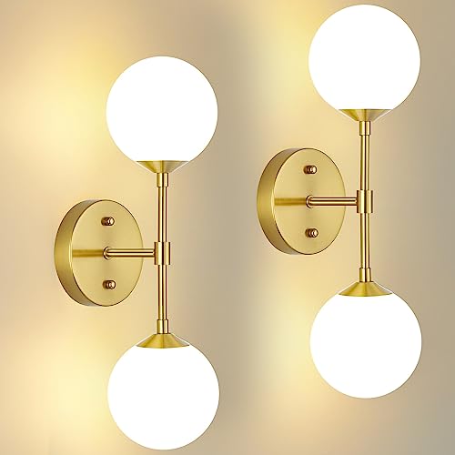 Bathroom Vanity Lights, Brass Gold Bathroom Light Fixtures Set Of 2, Mid Century Modern Globe Wall Sconces Bathroom Lights, Dimmable Wall Light Sconces Wall Lighting With Frosted Milk Glass, G9 Base #TOP4