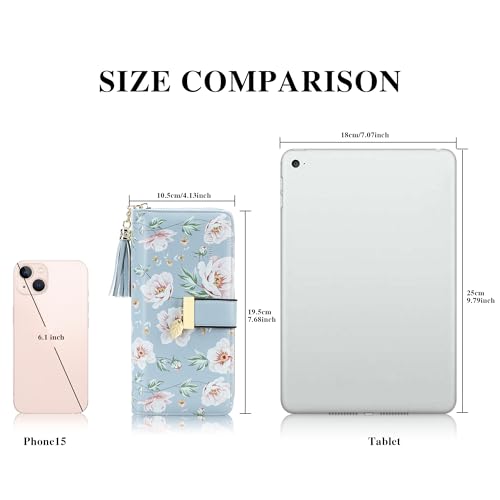 Image of RFID Wallets for Women with Multiple Card Slots and Cellphone Compartment, Womens Wallet, Printed blue peony, Modern