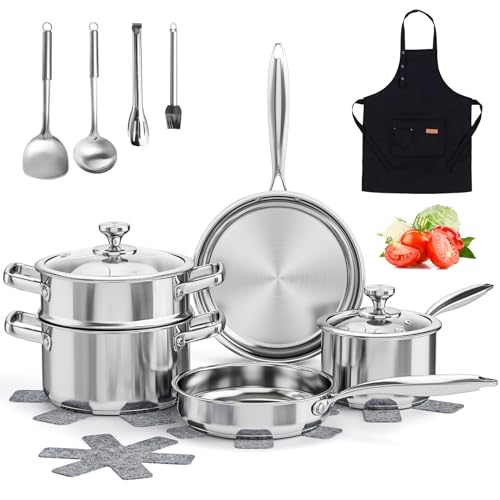 Comparison: Best Utensils For Stainless Steel Pans 10 ASKSCICI Stainless Steel Cookware Set, 16-Piece Pots and Pans Set Non Toxic, Kitchen Induction Cookware with Glass Lids, Steamer, Utensil Sets, Pot Protectors & Apron, Oven & Dishwasher Safe, Silver