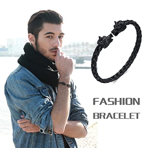 Xuanpai Mens Wolf Head Bracelet-Steel Steel Braided Cable Bangle Cuff Bracelet Polished,Open Cuff Bangle,Norse Pagan Jewelry Gift Adjustable #TOP3