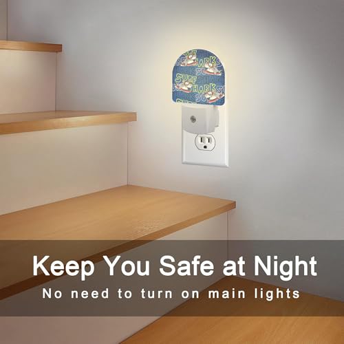 Image of Cartoon Surfing Sharks Night Light, Cool Cute Shark Dusk to Dawn Night Light Plug in,0.5w Energy Saving Sleep Friendly Nightlights for Kids Boys Girls Home Decor