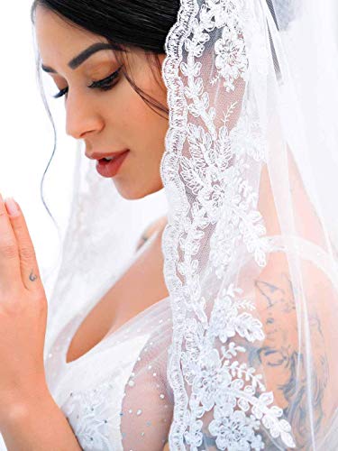 Yean Bride Wedding Veil Ivory Bridal Hair Accessories Waist Veil with Lace Edge and Comb Attached 1 Tier 35 Inches