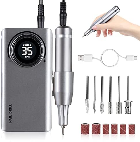 Professional Electric Nail Drill Machine, Portable Rechargeable 35000RPM Nail Drill for Acrylic Gel Nails, Manicure Pedicure Polishing Shape Tools for Home and Salon Use,Grey