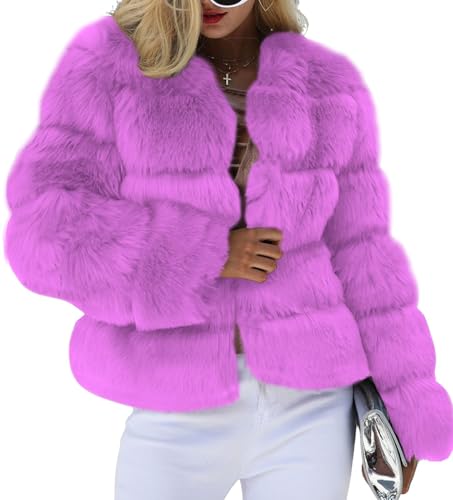 loveimgs Women Warm Fluffy Cropped Puffer Jacket Faux Fur Coat Crop Parka Collarless Winter Teddy Bear Coat Overcoat (X-Small Bright purple)