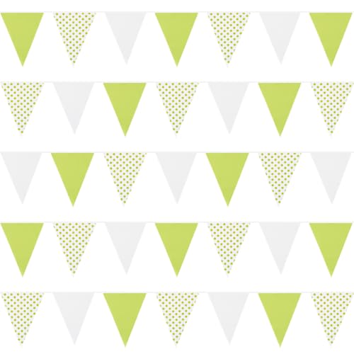 Image of Zwiebeco 39Ft Green White Dot Fabric Bunting Banner Triangle Flags Hanging Cotton Garland Pennant for Spring Birthday Wedding Baby Shower Tea Party Classroom Nursery Garden Decorations