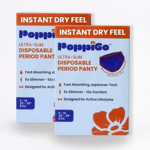 Image of Poppigo Ultra-Slim Disposable Period Panty for Women & Girls (S-M) |12 Pcs (6pc x 2packs) | 25 inch -35 inch Inches | Slim Like Underwear | Leak-Proof | Soft Breathable | Comfort for Travel, Sleep & Active days.
