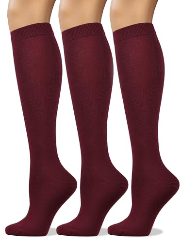 Image of COTTON DAY Women's Soft Combed Cotton Knee High Long Calf Dress Socks Seamless Toe Black White Gray Navy Blue Brown 3 Pack
