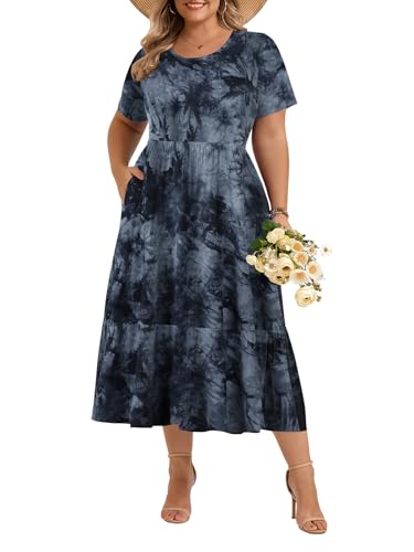 Image of LARACE Plus Size Dresses for Women Summer Casual Short Sleeve Long Dress Flowy Maxi Beach Dresses with Pockets L-6XL
