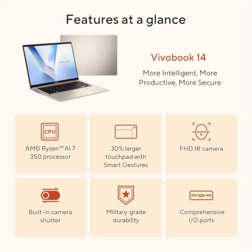 Image of ASUS Vivobook 14 Copilot + PC Laptop, 14 inch WUXGA (1920x1200) Display, AMD Ryzen AI 7 350 with XDNA NPU, 16GB DDR5 RAM, 512GB SSD, Platinum Gold, Windows 11 Home, TWE Accessories
