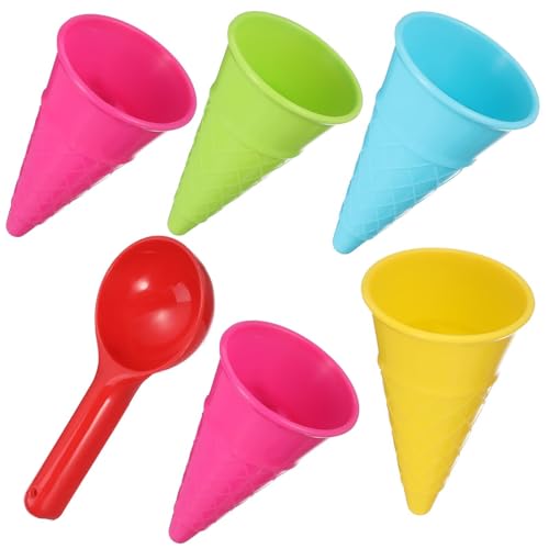 LALADEFIEE Lot de 6 Set de Jouets de Plage pour Garçon et Filles – 5 Cornets de Glace en Plastique Colorés 1 Pelle à Glace – Jouets de Sable Légers pour Motricité Fine et Couleur Aléatoire