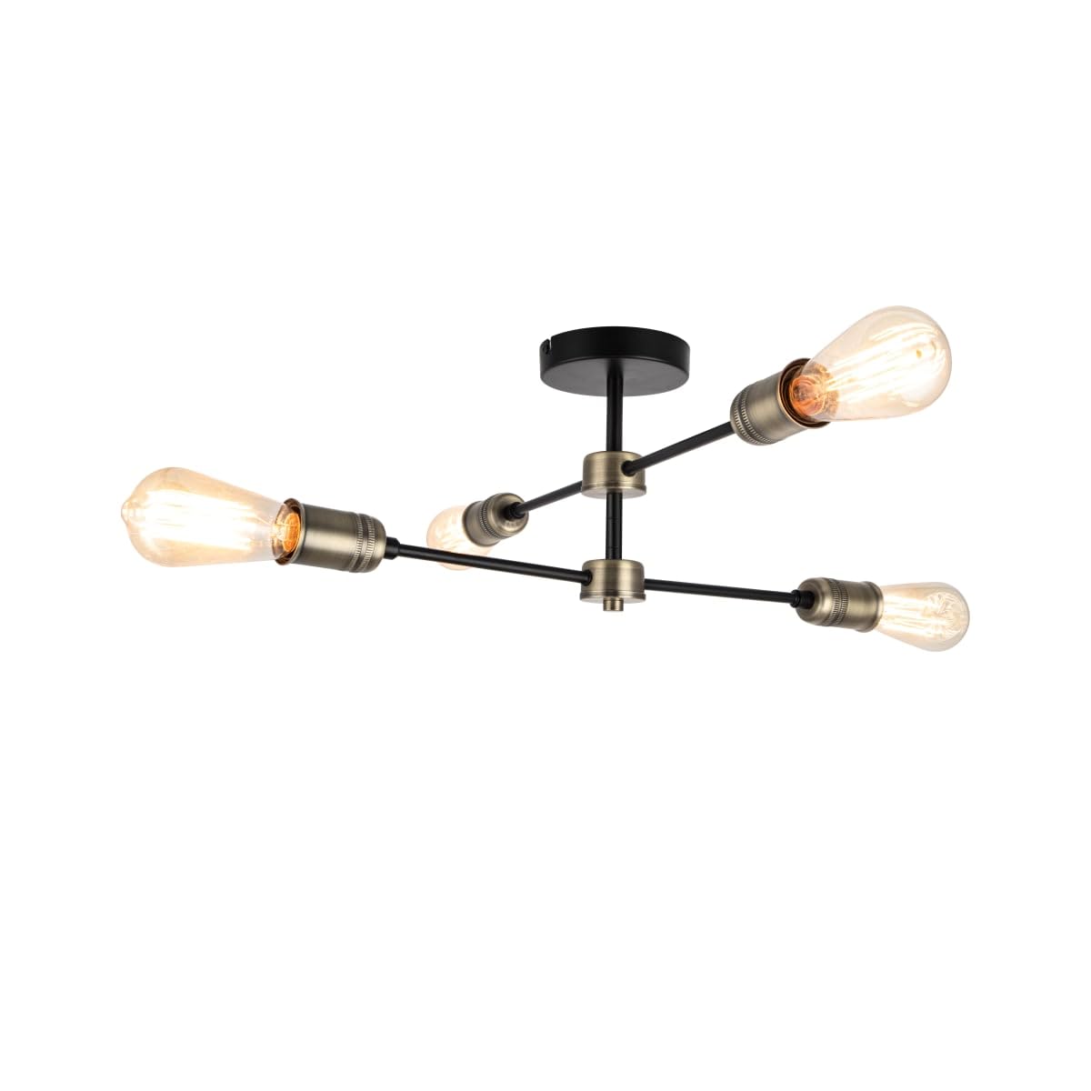 Cosylyte Linton Industrial 4 Light Modern Matt Antique Brass Adjustable Arm Ceiling Light - Matt Black Base, 55x55x21cm, 4xE27. Max. 15W LED (Bulb not Included)
