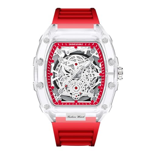 rorios Durchsichtig Tonneau Armbanduhren für Herren Analog Quarz Herrenuhren Mode Silikon Uhr Leuchtend Datum Kalender Uhr für Männer Rot