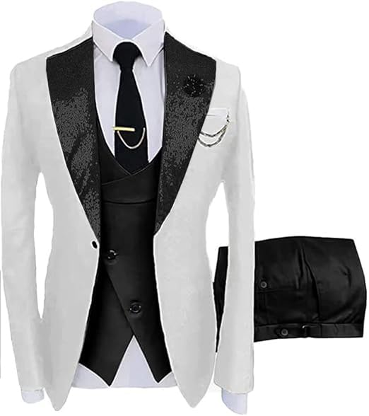 Mens Suit 3 Piece Wedding Tuxedos Sequins Lapel Dress Suits for Men Business Suit