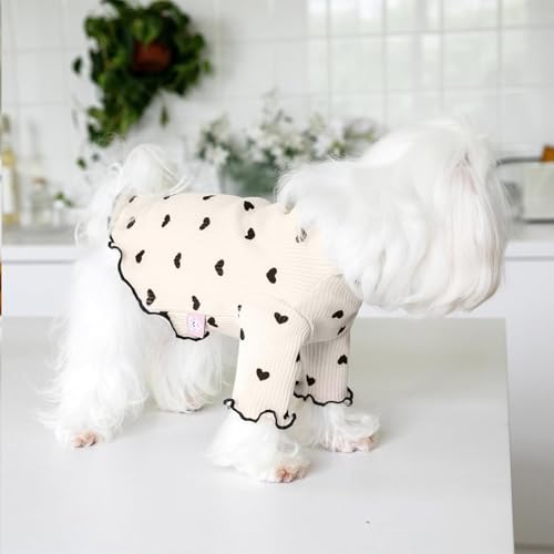 Yaopelky Haustierkleidung für kleine Hunde und Katzen, Sommer, Herbst, Herzmuster, dehnbar, Rüschen, langärmelige Outfits für Chihuahua, Schnauzer, Shih Tzu, Yorkie (Kaffee, M)