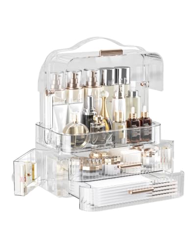 Image of LINFIDITE Cosmetics Storage Box Transparent Lid Large Makeup Organizer Box Drawers Portable Handle Waterproof Dustproof Skincare Display Cases for Countertop, Bathroom, Dresser, PET,Clear Green