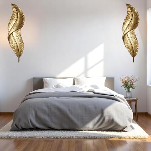 Image of Modern Gold Decorative 3-Color LED Warm White, Natural White & Cool White LED Feather Design Wall Lamp Sconce for Living Room, Bedroom, Hallway, Hotel, Staircase, Reception