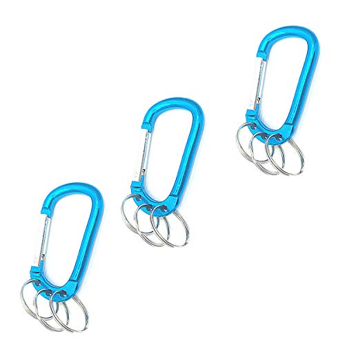 COMOK Blue Tone Multifunction Keychain Carabiners with 3 Attached Split Rings Clip Hook for Outdoor Activity Etc 3Pcs