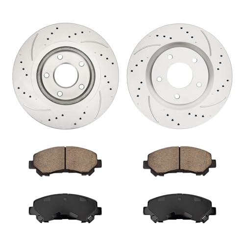 Image of KAX Front Brake Kit Fits Nissan Rogue 2008 2009 2010 2011 2012 2013 | 11.65in Drilled and Slotted Brake Rotors, Ceramic Brake Pads, Automotive Replacement Brake Kit