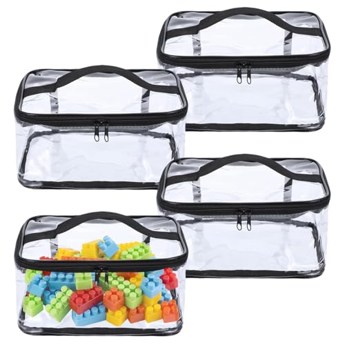 Hapforever 4 Packs Clear Toy Storage Bags with Zipper, 9.4 x 6.7 x 4.5 Inch Transparent PVC Toy Organizing Bags Waterproof Toy Storage Organizer Pouch for Board Games, Building Blocks (Black)