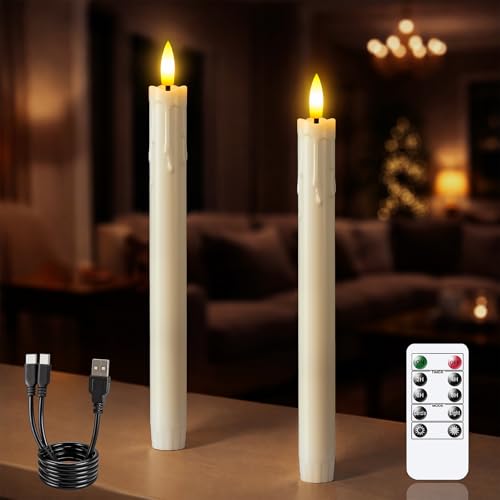 Image of Rechargeable Flameless Timer Remote Taper Candles, 2pcs 0.86 inch x10 inch LED Flickering Dripping Wax Window Tall Fake Ivory Plastic Candlesticks(USB Charging Cable Included)