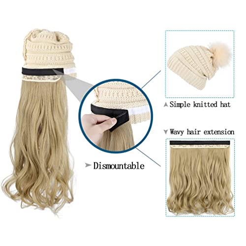 Lurrose Beanie with Hair Attached, Wavy Wig Hat Knit Winter Cap Extension Accessories for Women Ladies Removable Wig - Image 2