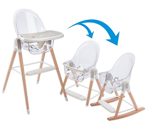 Image of Primo Vista 3-in-1 Convertible High, Toddler, & Rocking Chair, Clear, Transparent Seat, Grows with Child, Modern Style, Adjustable Wooden Legs, Easy to Use, Assemble, Safe & Sturdy, 21.5 x 25 x 40.5"
