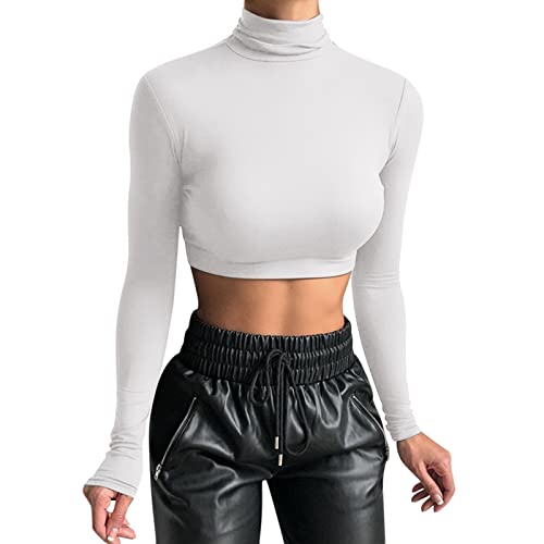 Crop Top Damen Langarm Rollkragen Pullover Sexy Basic Cropped Tops Slim Fit...