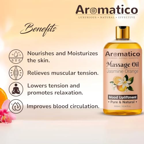 AROMATICO Jasmine Orange Massage Oil. Soothing Aromatherapy Body Oil with Sweet Citrus & Floral Notes. Relaxing, Spa-Quality Formula for Stress Relief & Skin Hydration - 300ml