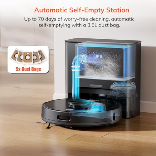 ILIFE T20s Ultra Robot Vacuum Cleaner with LiDAR Navigation, Self-Emptying for Up to 10 Weeks, 10,000Pa Suction, 300mins Runtime, Dry & Wet Combo, Customised Cleaning, App, Voice and Remote Control