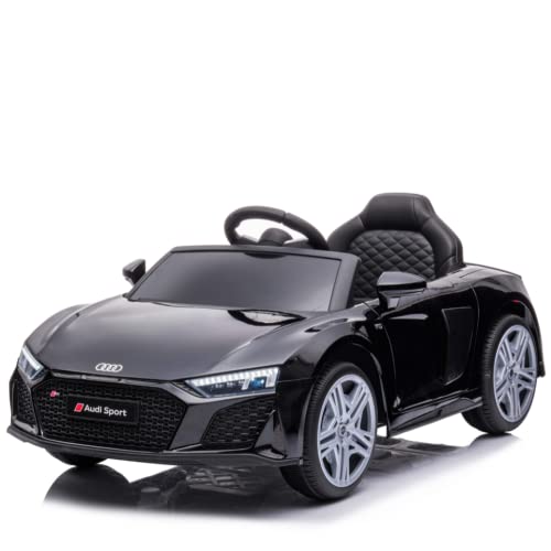 FINOOS Kinderauto A.u.d.i R8 12V Elektroauto mit 2,4 Ghz Fernbedienung, Kinderfahrzeug mit Musik, 2,5-5 km/h, Sicherheitschloss an der Tür, für Kinder von 1-4 Jahren (Schwarz) Cover