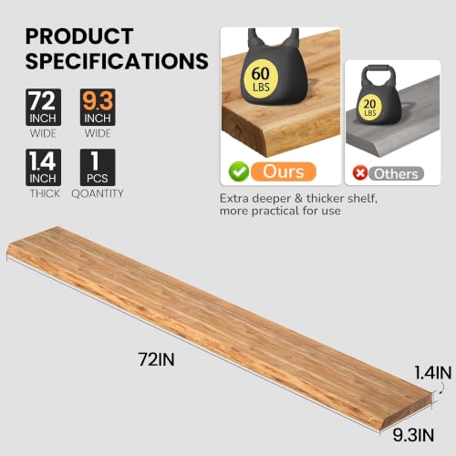 Image of Floating Shelves for Wall, 72 inchx9.3 inch Rustic Solid Live-Edge Elm Wood Wall Shelves, Heavy-Duty Floating Shelves with Invisible Brackets for Living Room, Bedroom, and Kitchen, Natural Finish